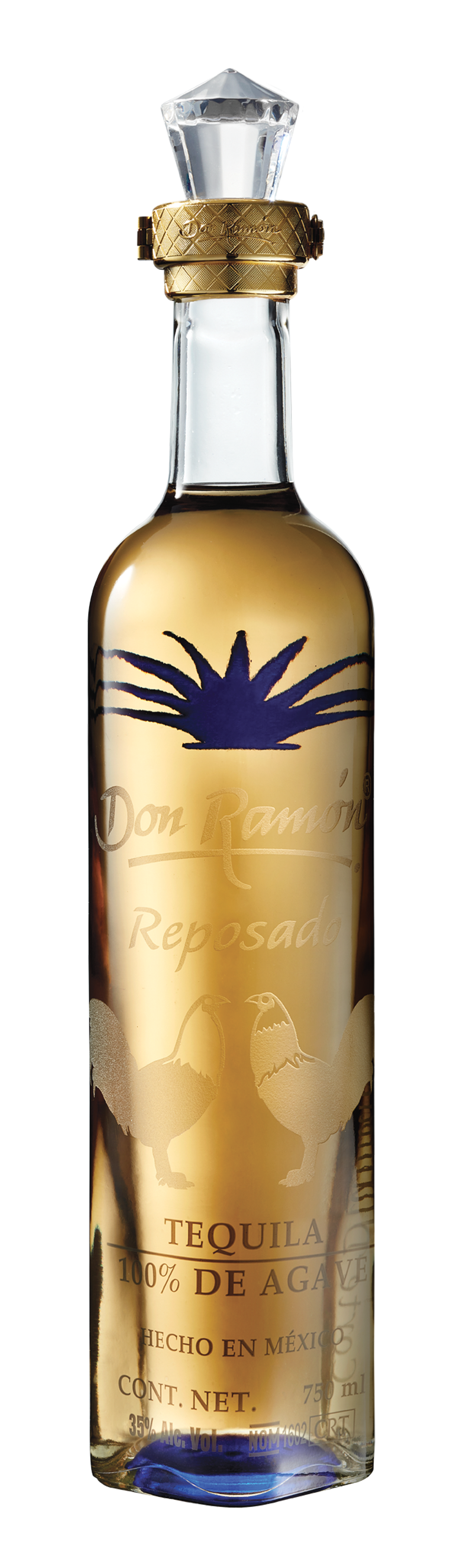 Botella de tequila Don Ramón Reposado con un diseño elegante, tiene una tapa en forma de diamante y una banda dorada en el cuello con la marca.